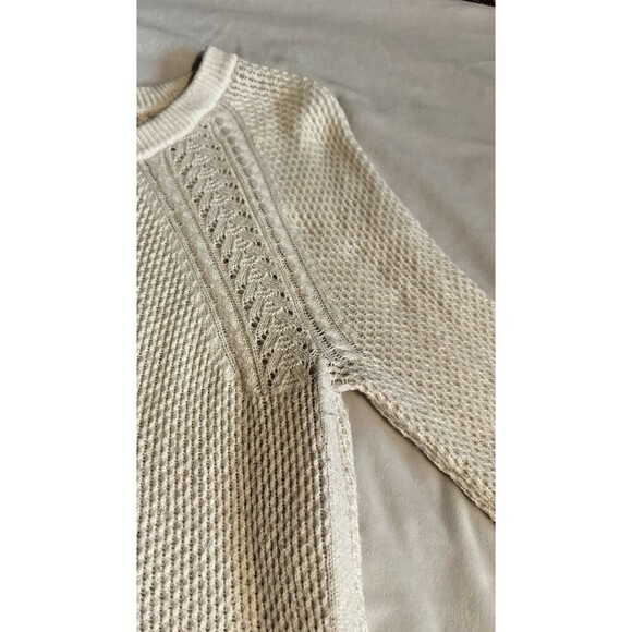 LOFT Basketweave Pointelle Shirttail Sweater - Cream/Ivory - Size Large - Picture 2 of 13